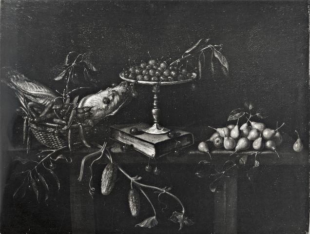 Anonimo — Anonimo lombardo sec. XVII - Natura morta con cesto di ortaggi, alzata di ciliegie e pere — insieme